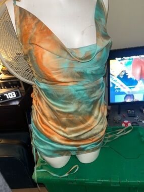 Sleeveless Cowl Neck Mini Dress in Teal and Orange